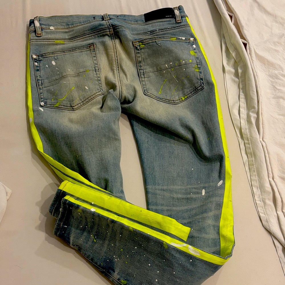 AMIRI Slim Straight Jeans in Blue with Neon Accents